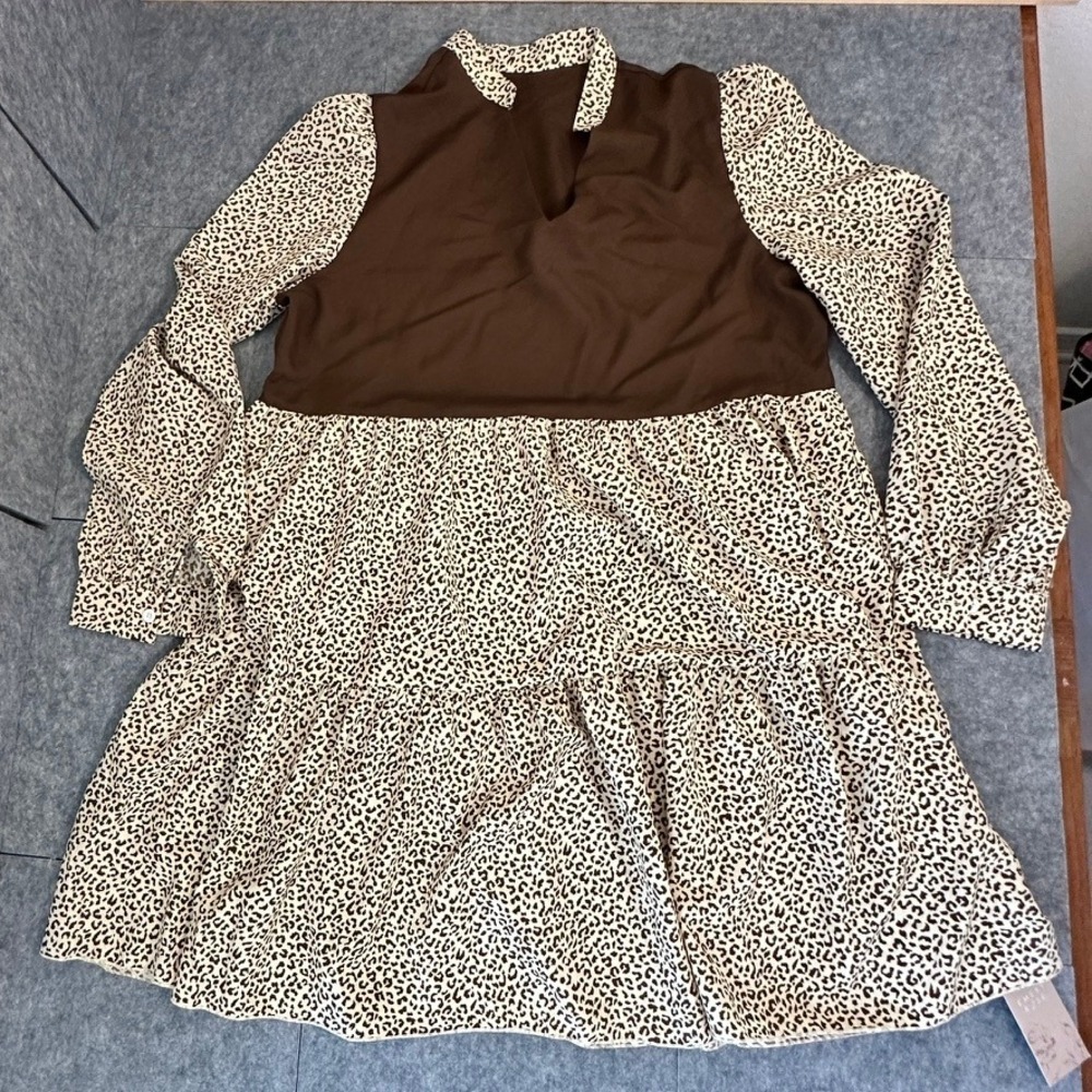 Emery Rose Leopard Print Babydoll Dress Brown Sleeves Tiered Casual SZ L - Picture 7 of 16